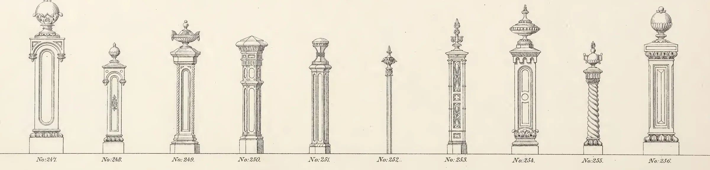 Cast-iron gate finials from Plate XCVIII of Badger's 1865 catalogue, numbered No. 247 onward